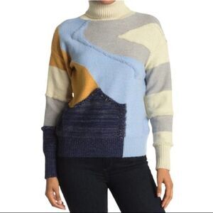 FRNCH PARIS Wool Abstract Color Block Turtleneck Sweater Patchwork Metallic Warm